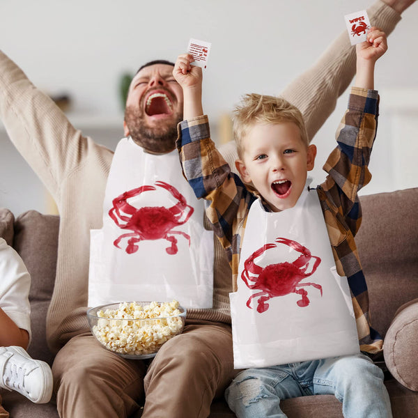 Seafood Feast Bundle - 25 Crab Bibs, Newspaper Placemats, Wet Wipes & Butcher Paper Table Covers
