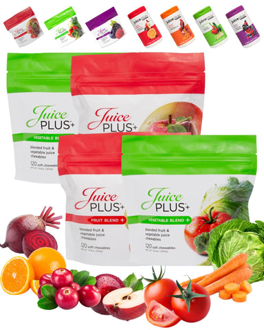11 Different Green/Orange Vegetables Mixed in Juice Plus Vegetable Blend,11 Different Red/Orange/Yellow Fruits Formulated in Juice Plus Fruit Blend,120 Gummies per Bag for 60 Servings,2 Pack of Each