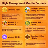 Iron Supplement for Women Men, 25mg Carbonyl Iron Gummies w/ Turmeric 600mg,98% High Purity,70% Bioabsorption,High Potency Gentle Vegan Iron w/ Vitamin C,B12,Folate for Iron Deficiency & Anemia, 2Pack