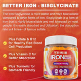 Sugar Free Iron Gummies 18mg for Women Men, Iron Bisglycinate Supplement Gummies with Vitamin C, Turmeric & Folate - Blood Builder for Iron Deficiency, Anemia & Energy, Non-Constipating (1 Pack)