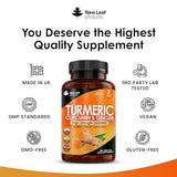 Turmeric Tablets 2600mg with Black Pepper & Ginger - 95% Curcumin Extract 180 and (3 Month) High Strength Active Supplements Not Capsules,by New Leaf