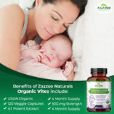 Zazzee USDA Organic Vitex, 500 mg Strength, 120 Vegan Capsules, 4 Month Supply, Standardized and Concentrated 4X Extract, Whole USDA Certified Organic Chaste Berry, All-Natural and Non-GMO