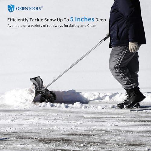 ORIENTOOLS Snow Shovel with Wheels for Driveway, Heavy Duty Snow Pushe kateminimalist