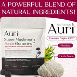 Auri Super Mushroom Focus Gummies - w/Lion's Mane, Alpha GPC & Rhodiola - Mushrooom Supplement to Support Cognitive Function, Mental Clarity, Focus & Energy | 60 Gummies, Vegan Friendly, Non GMOs