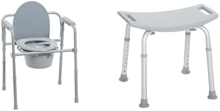 Drive Medical 350 lb Capacity Steel Folding Commode Chair and 300 lb Capacity Aluminum Adjustable Shower Bench with Suction Cups