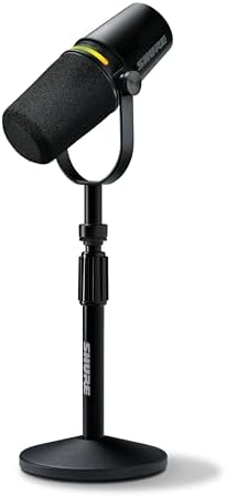 Shure MV7+ Podcast Dynamic Microphone with Stand. OBS Certified, Enhanced Audio, LED Touch Panel, USB-C & XLR Outputs, Auto Level Mode, Digital Pop Filter, Podcasting, Streaming, Recording - Black