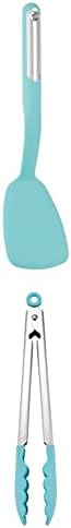 KitchenAid Short turner, 12 inches, Aqua & KitchenAid Silicone Tipped Stainless Steel Tongs, 10.26 Inch, Aqua Sky