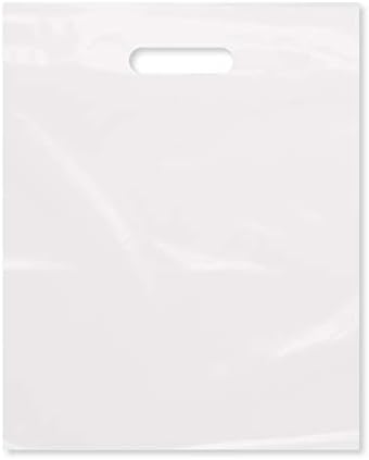 Purple Q Crafts Plastic Bag With Die Cut Handle Bag 12" x 15" White Plastic Merchandise Bags 200 Pack for Retail, Gifts, Trade Show and More