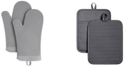 KitchenAid Ribbed Soft Silicone Oven Mitt Set, 7"x13", Grey 2 Count & Ribbed Soft Silicone Pot Holder Set, Charcoal Grey 7"x9"
