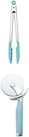 KitchenAid Silicone Tipped Stainless Steel Tongs, 10.26 Inch, Aqua Sky and KitchenAid Classic Pizza Wheel, 9-Inch, Aqua Sky