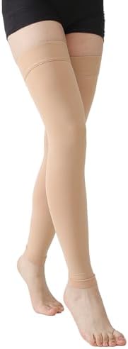 MGANG Thigh High Leg Sleeve 20-30 mmHg Graduated Compression with Grip Top, Medical Compression Stockings for Men and Women, with Varicose Veins, Lymphedema, Swelling & Venous Insufficiency, Beige L