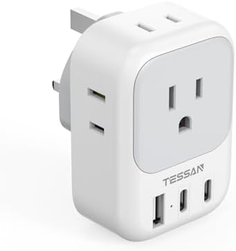 US to UK Plug Adapter, TESSAN Type G Travel Adaptor with 4 Electrical Outlets 3 USB Ports (2 USB C), Ireland Power Adapter for USA to England London Scotland Dubai Singapore Qatar Kenya British