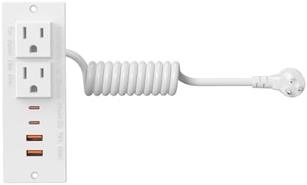 Drawer Outlet, Furniture Recessed Power Strip with 4 PD 30W USB Ports & 2 AC Outlets, 5FT Spring Cord (14 AWG)