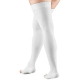 Truform 20-30 mmHg Compression Stockings for Men and Women, Thigh High Length, Dot-Top, Open Toe, White, Medium