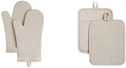 KitchenAid Ribbed Soft Silicone Oven Mitt and Pot Holder Set, Milkshake, 7"x13" Mitts + 7"x9" Holders