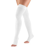 Truform 20-30 mmHg Compression Stockings for Men and Women, Thigh High Length, Dot-Top, Open Toe, White, Medium