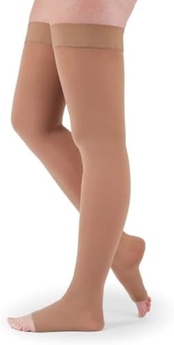 medi Assure 20-30 mmHg Thigh High Compression Stockings with Silicone Top Band – Open Toe Leg Circulation, Stockings for Women, Semi-Opaque Leg Support Compression Hosiery , Medium-Petite, Beige