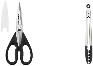 KitchenAid All Purpose Shears with Protective Sheath and Silicone Tipped Stainless Steel Tongs Black