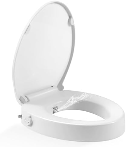Raised Toilet Seat with Bidet, Fit Elongated Bidet Toilet Seat, Non-Electric Elevated Toilet Seat (Ambient Water), Adjustable Water Pressure Raised Toilet Seat for Seniors, White