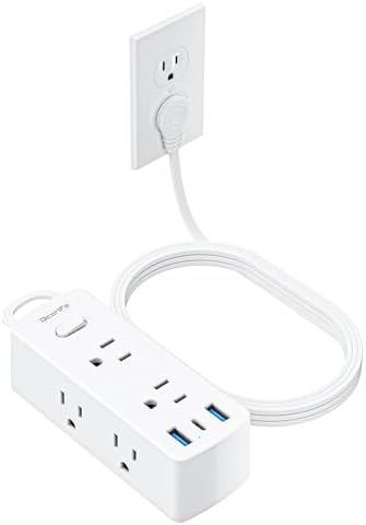 Flat Extension Cord 25ft, Olcorife Flat Plug Power Strip with 6 Outlets 3 USB Ports(1 USB C), 3-Side Outlet Extender Surge Protector for Home Office Dorm Room Essentials, White