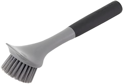 Kitchenaid Cast Iron Sink Brush to Preserve Seasoning on Cast Iron and Grills, Nylon Bristles and Soft Touch Handle for Optimal Control, Dishwasher Safe, Black and Gray