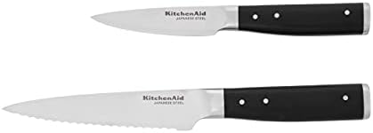 KitchenAid Gourmet 2 Piece Forged Triple Rivet Knife Set, 4.5 inch Fine Edge Utility Knife and 3.5 inch Paring Knife Set, Sharp Kitchen Knives, High Carbon Japanese Stainless Steel, Black