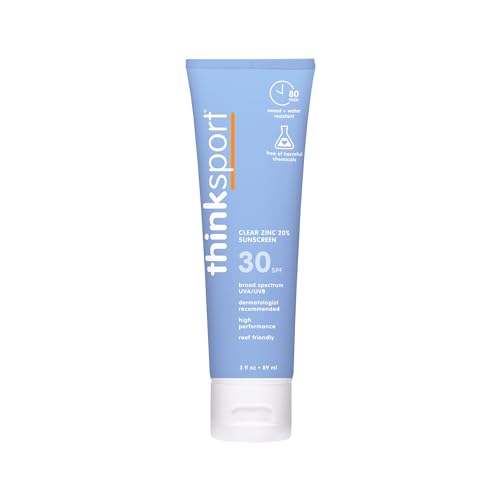 Thinksport Mineral Sunscreen, SPF 30 Clear Zinc Oxide Sunscreen, 3 Fl Oz, Water Resistant, Reef Safe, Broad Spectrum UVA/UVB Sun Screen