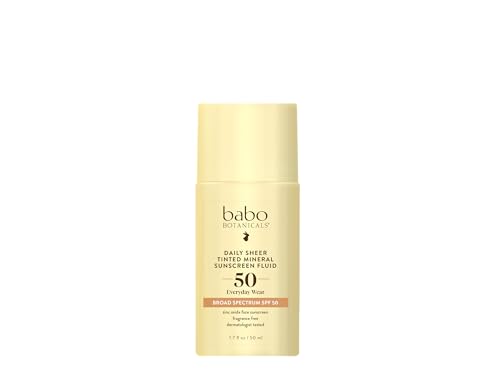 Babo Botanicals Daily Sheer Tinted Mineral Sunscreen Fluid SPF50 - Natural Zinc Oxide - Passion Fruit Oil - Golden-Hued Tint - Fragrance Free - Ultra-Lightweight - For Face - For all ages