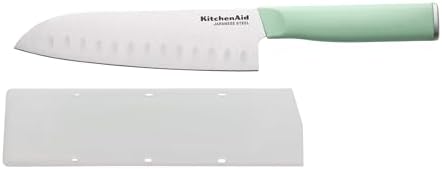KitchenAid Classic Santoku Knife with Custom-Fit Blade Cover, Sharp Kitchen Knife, High-Carbon Japanese Stainless Steel, 7 inch, Pistachio