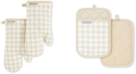KitchenAid Gingham Oven Mitt & Pot Holder Sets, Milkshake, 7"x13" & 7"x10"