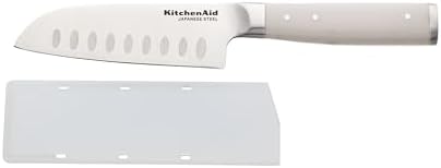 KitchenAid Gourmet Forged Santoku Knife with Custom-Fit Blade Cover, Sharp Kitchen Knife, High-Carbon Japanese Stainless Steel Blade, 5 inch, Milkshake