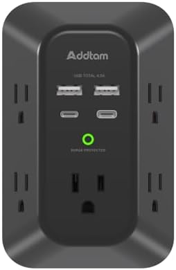 Surge Protector Outlet Extender, Addtam Multi Plug Wall Outlet with 4 USB Ports(2 USB-C), 3-Sided 1800J Power Strip Plug Extension Outlet Splitter, Black