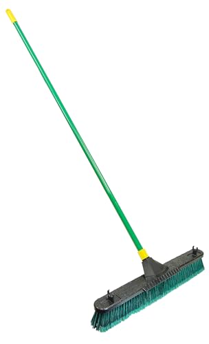 Quickie Bulldozer 24-Inch Multi-Surface Push Broom, Size: 60 Wood Handle with Swivel Hang-up Feature. 15/16-inch Diameter Handle, Green - with Scraper