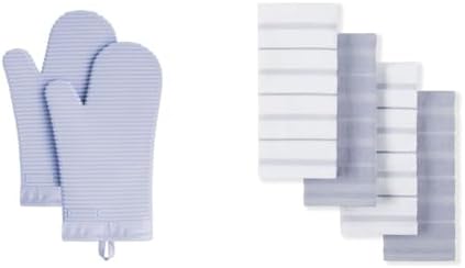KitchenAid 2-Piece Ribbed Silicone Oven Mitt Set, Lavender Cream, 7.5"x13" & 4-Pack Albany Kitchen Towel Set, Lavender Cream/White, 16"x26"