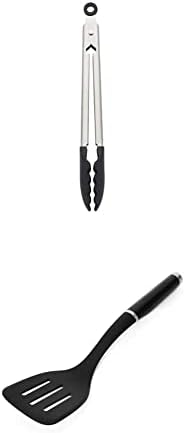 KitchenAid Silicone Tipped Stainless Steel Tongs, 10.26 Inch, Black & KitchenAid Classic Slotted Turner, One Size, Black 2, 13.66-Inch