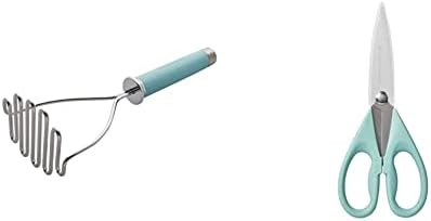 KitchenAid Gourmet Stainless Steel Wire Masher, 10.24-Inch, Aqua Sky and KitchenAid All Purpose Kitchen Shears with Protective Sheath for Everyday use, Dishwasher Safe Stainless Steel Scissors with Comfort Grip, 8.72-Inch, Aqua Sky Bundle