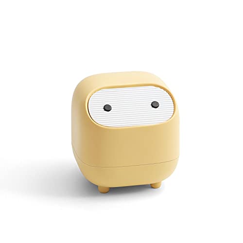 Mini Trash Can with Lid, Cute Ninja Desktop Trash Cans, Small Trash Can Office Plastic Garbage Can for Bathroom Vanity, Desktop, Office or Coffee Table (Yellow)
