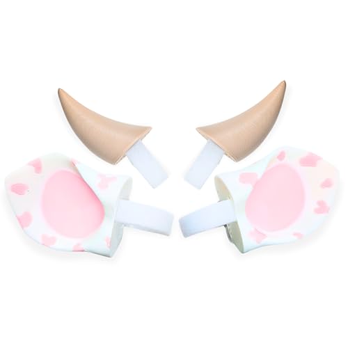 Cow Ears and Horns for Headphones, Cute & Fun Decorative Add-Ons for Gaming Headsets, Kids’ School Headphones, Compatible with Most Headphones (White/Pastel Pink/Pastel Pink)