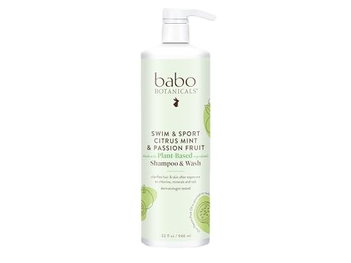 Babo Botanicals Swim & Sport Citrus Mint & Passion Fruit Shampoo & Wash - Purifying Cleanser for hair & body- Removes chlorine & sweat - For all ages - Scented with Citrus & Peppermint Essential Oils