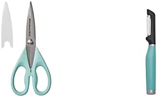 KitchenAid All Purpose Shears with Protective Sheath, 8.72-Inch, Aqua Sky & KE112OHAQA Classic Euro Peeler, One Size Aqua Sky 2