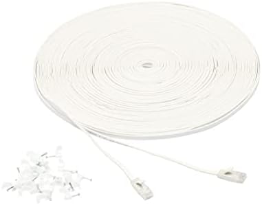 Amazon Basics Cat 6 Ethernet RJ45 10Gbps Flat Cable 100 ft Outdoor&Indoor White Solid Patch Cord with Clips for Router, Modem, PS4/5, Xbox, Gaming, Computer Network for High Speed LAN Internet