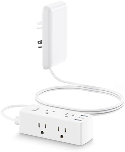 Flat Extension Cord with Outlet Cover, Olcorife Flat Plug Power Strip with 6 Outlets and 3 USB Ports, 2000 Joules Surge Protector, 5 FT Cord Hidden Outlet Extender for Tight Spaces