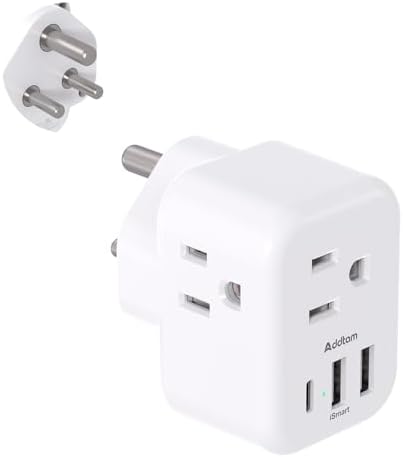 India Power Adapter, Addtam Type D Plug Adapter with 3 American Outlets 3 USB Ports(1USB C), 6 in 1 India Travel Plug Adapter for US to India, Bangladesh, Kuwait, Maldives