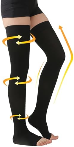 MGANG Medical Thigh High Compression Stockings for Men & Women, Pair, Open Toe, 15-20 mmHg Graduated Compression Support Hose, Opaque, Best for Varicose Veins, Edema, Flight, DVT, Swelling, Black L