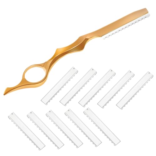 Mudder 11 Pieces Hair Styling Razor Hair Thinning Comb Texturizing Cutting Razor Comb with Replacement Stainless Steel Razors for Salon Home Use(Gold)