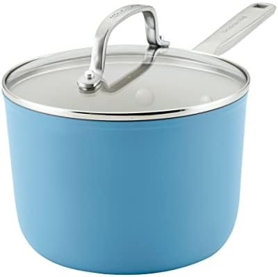 KitchenAid Hard Anodized Ceramic Nonstick Cookware Sauce Pan with Lid, 3 Quart, Blue Velvet