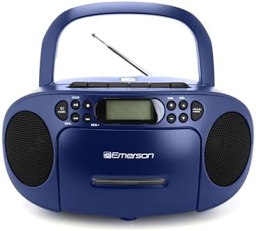 Emerson Portable CD Player Boombox with Cassette Player Combo, Tape Recorder, AM/FM Radio, AUX, Headphone Jack, Dual Speakers, AC/DC & Battery Operated - Stereo System for Home, Indoor & Outdoor Use