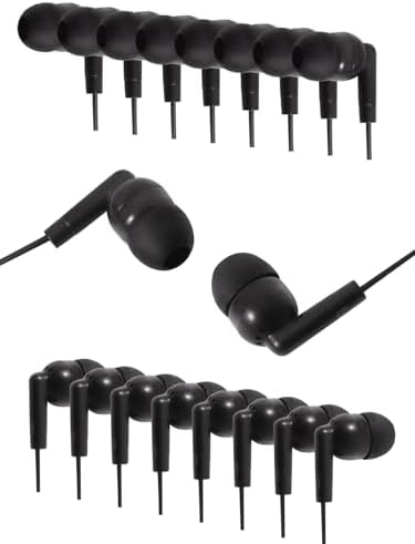 50 Pack Bulk Earbuds Headphones Classroom Set Wired in Ear Student Ear Buds for School Individually Packed (Black)