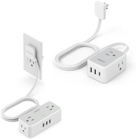 Flat Plug Power Strip, TESSAN Ultra Thin Extension Cord with 3 USB Wall Charger, Multiple AC Outlets, 5 ft Slim Plug for Cruise Travel Office School Dorm Room Essentials