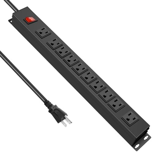 JUNNUJ 10 Outlet Heavy Duty Power Strip, 2700J Surge Protector Metal with Switch 15A, Wall Mount Power Bar Garage, 14 Gauge Extension Cord PC Gaming Outlet, 15A 125V 1875W 3FT